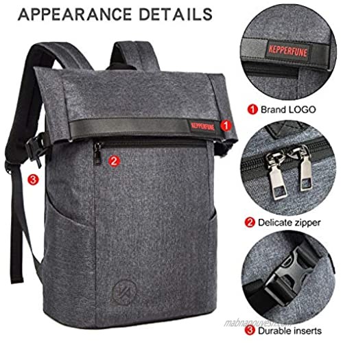 KEPPERFUNE Travel Laptop Backpack for Men Roll Top Backpack Anti Theft Durable Computer Business Backpacks College School Student Bag for Gift Grey 17 Inch