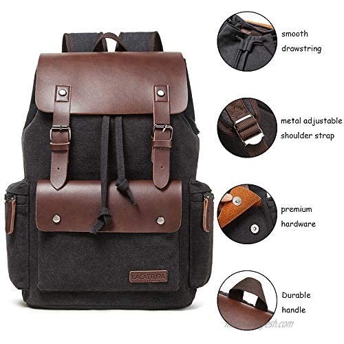 Lacattura Vintage Leather Backpack for Men & Women Denim Canvas Laptop Rucksack