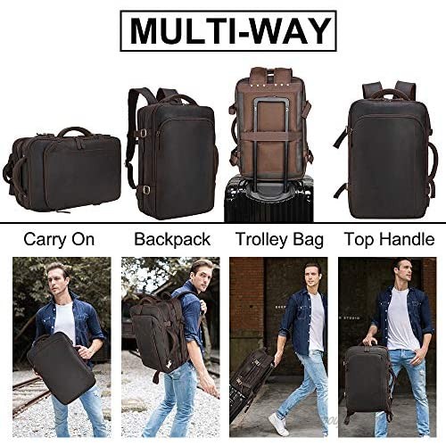 Leather Convertible Briefcase Backpack for Men Expandable 28L Business Travel Carry On Backpack Vintage 15.6 Inch Laptop Dayback Weekender Bag