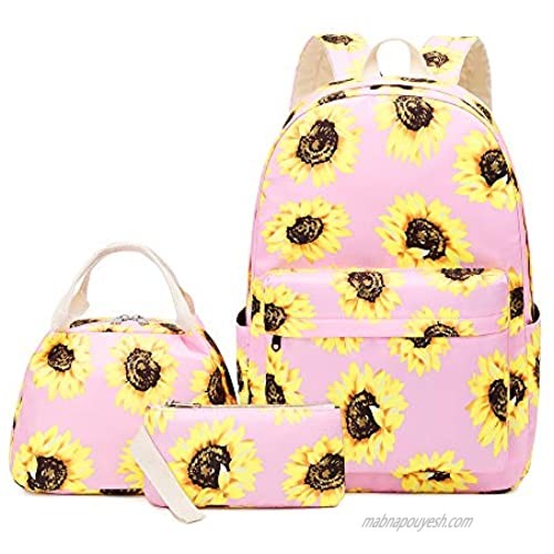Lmeison Floral Backpack for Wemen Girls  Sunflower College Bookbag with Lunch Bag and Pencil Case  Lightweight and Waterproof  Travel Daypack 15" Laptop Bag for School  Pink