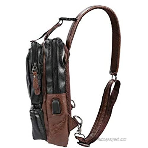 Men's Sling Bag Crossbody PU Leather Shoulder Backpack with USB Charging Port Vintage Chest Bag for Men(Black)