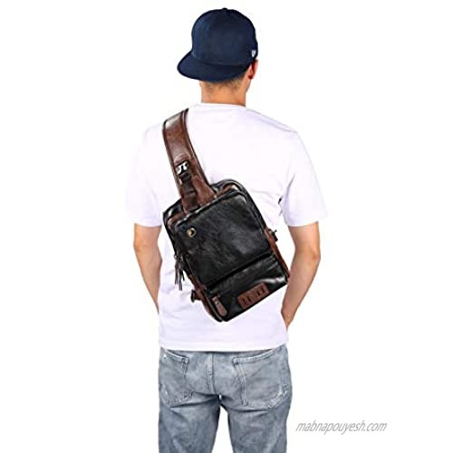 Men's Sling Bag Crossbody PU Leather Shoulder Backpack with USB Charging Port Vintage Chest Bag for Men(Black)