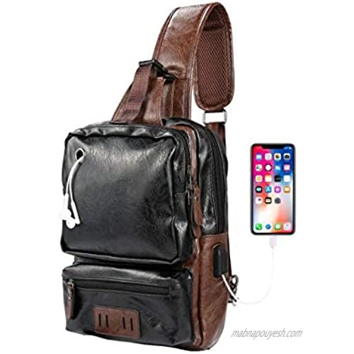 Men's Sling Bag  Crossbody PU Leather Shoulder Backpack with USB Charging Port  Vintage Chest Bag for Men(Black)