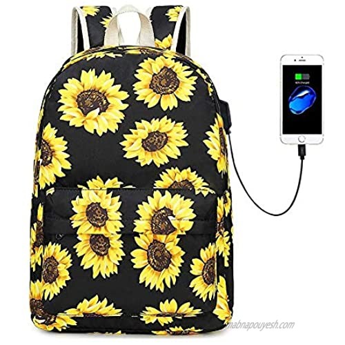 Sunflower Laptop Backpack with USB Charging Port  Water Resistant Casual Daypack School Bookbag for College Girls Women