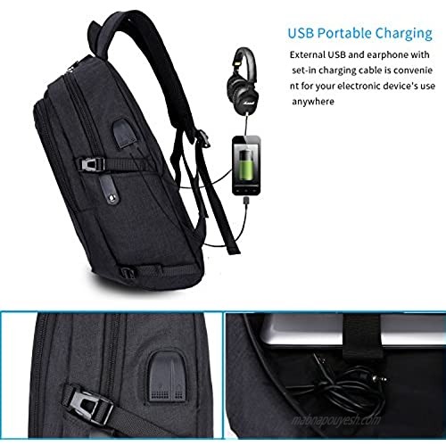 Travel Laptop Backpack Anti Theft College School Bookbag with USB Charging Port & Headphone Interface for Women Men Business Water Proof Computer Bag Fits Under 15.6 Inches Laptops（Black）