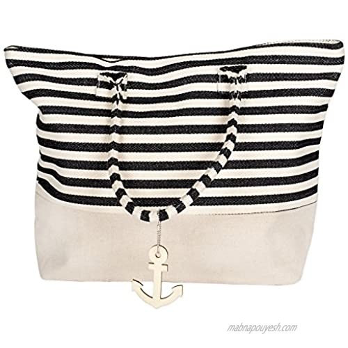 Black Striped Canvas 22 Inch Large Zipper Beach Bag with Anchor Charm