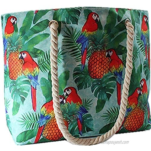 Eye Catching Beach Tote Bag Tropical Parrots Birds And Pineapples On A Turquoise Aqua Blue Full Top Zipper Rope Handle Inside Pocket 22"x17"X7" TS-38