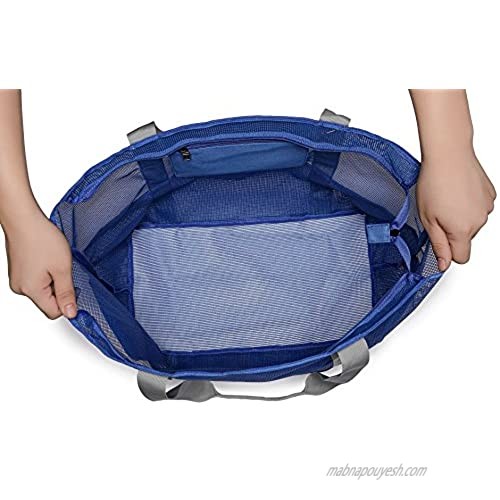 Malirona Mesh Beach Bag - Toy Tote Bag Large Grocery & Picnic Tote with 8 Pockets Top Zipper (Blue)