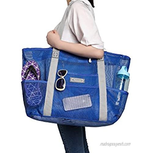 Malirona Mesh Beach Bag - Toy Tote Bag Large Grocery & Picnic Tote with 8 Pockets Top Zipper (Blue)