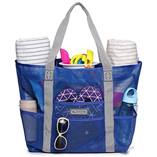 Malirona Mesh Beach Bag - Toy Tote Bag Large Grocery & Picnic Tote with 8 Pockets  Top Zipper (Blue)