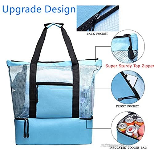 Mesh Beach Bag Tote Extral Large With Pockets and Top Zipper Travel and Picnic Waterproof Cooler Shoulder Bags