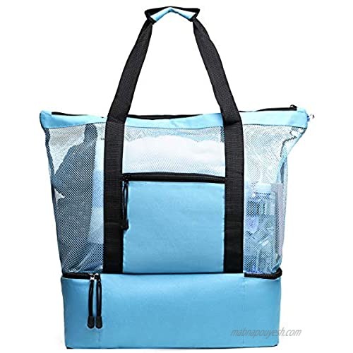 Mesh Beach Bag Tote Extral Large With Pockets and Top Zipper Travel and Picnic Waterproof Cooler Shoulder Bags