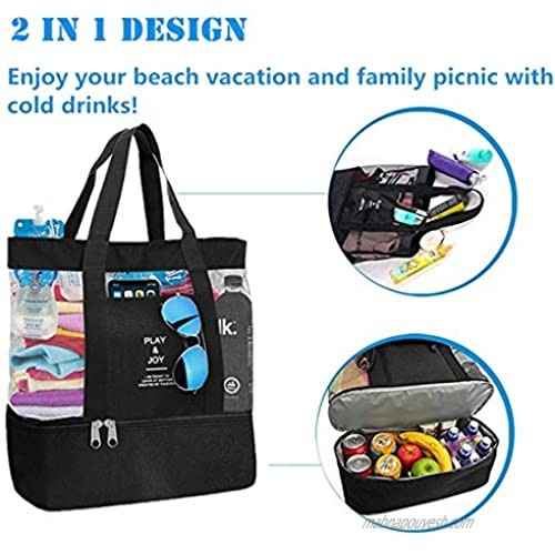 Mesh Beach Bag with Insulated Cooler Lightweight Waterproof Tote Bags for Beach Pool Camping Picnic Gym Sport Travel – Large and Practical Mesh Beach Tote for Women (Black)