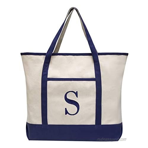 Monogram Embroidered Tote Bags – 100% Cotton for Grocery  Beach or Travel - 23"x15"x5"- Blue