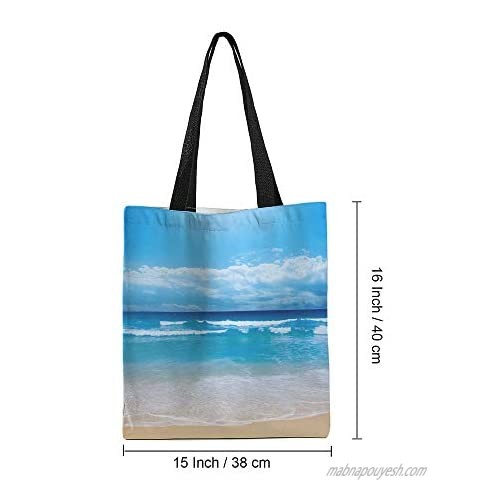 Moslion Beach Tote Bag Blue Ocean Sea Wave Sky Sand Seashore White Cloud Canvas Bag Large Shoulder Handbag Reusable Shopping Bags for Women Girls School 15x16 Inch