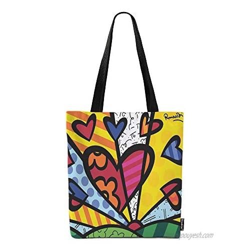 Moslion Colorful Heart Bags Love Stripes Floral Flower Canvas Handbag Reusable Shopping Bags Casual Shoulder Tote Bag for Women Girls 15x16 Inch