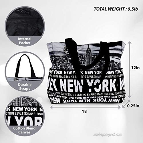 Robin Ruth Medium Tote Bag With NEW YORK CITY Print - Casual Cotton Canvas Shoulder Tote Bag For Women
