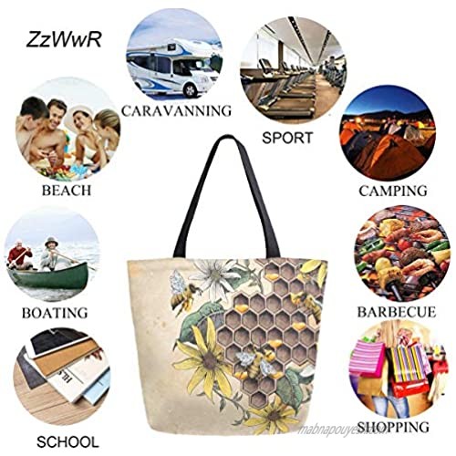 ZzWwR Sunflowers Honey Bee Apiary Retro Extra Large Canvas Shoulder Tote Top Storage Handle Bag for School Gym Beach Weekender Travel Reusable Grocery Shopping