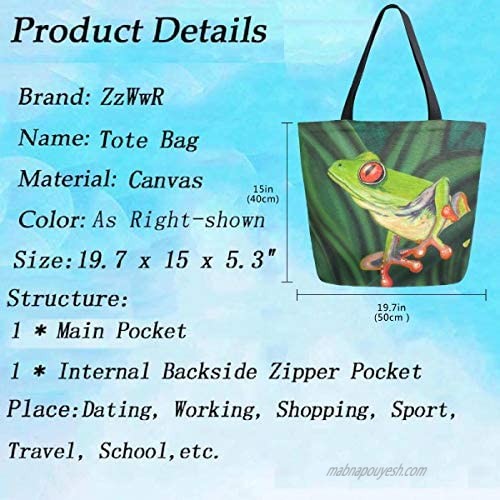 ZzWwR Tropical Cute Tree Frog Green Leaves Extra Large Canvas Shoulder Tote Top Storage Handle Bag for School Gym Beach Weekender Travel Reusable Grocery Shopping