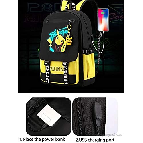 15.6 Inch Stylish Computer Backpack Teens Bag College School Casual Daypack with USB Port Travel Business Work Backpack Laptop Bag for Men/WomenCartoon Glow at nightPattern Pikachu(yellow2)