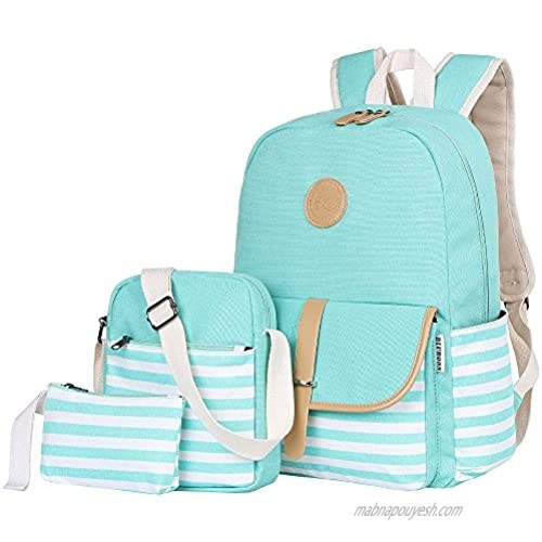 BLUBOON Canvas Bookbags School Backpack Laptop Schoolbag for Teens Girls High School (Water Bule 3 in 1)