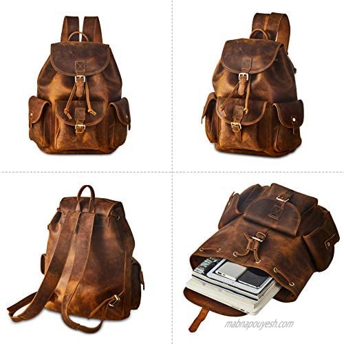 BRASS TACKS Leathercraft Men's Genuine Leather Vintage Utility Rubbed Cinched Backpack with Buckle Closures