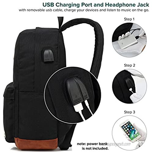 Classic College Backpack Water-resistent Laptop Backpack with USB Charging Port & Headphone Adapter for Men & Women Slim Anti-Theft Travel Bookbags Fits up to 14'' Computer 15'' Macbook - Black