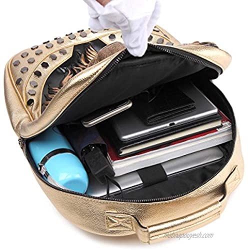 GUQIMEI Mens 3D Lion PU Emboss Rivet Punk Backpack Rock Personality Laptop Bag Creative Travel Leisure Gold One Size