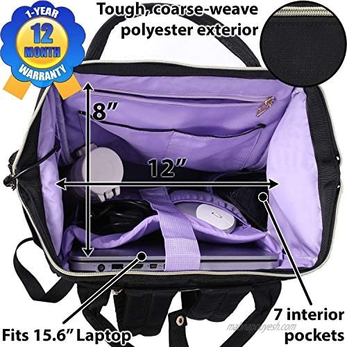 Lily & Drew Casual Travel Daypack School Backpack for Men Women and 15.6 Inch Laptop Computer with Wide Doctor Style Top Opening and USB Port (Black)