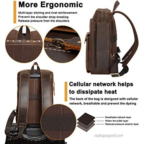 Small Mens Genuine Leather Backpack for Men Purse Vintage 14 Inch Laptop Bag Business Work Hiking Daypack Brown Schoolbag