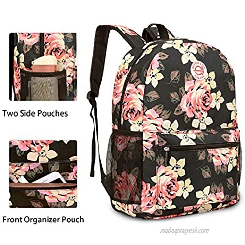 SOCKO Backpack for Women/Girls/Students Light Weight School Bag Stylish College Bookbag Cute Travel Rucksack Casual Daypack Fits up to 15.6 Inch Laptop Peony