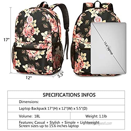 SOCKO Backpack for Women/Girls/Students Light Weight School Bag Stylish College Bookbag Cute Travel Rucksack Casual Daypack Fits up to 15.6 Inch Laptop Peony