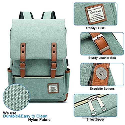 SUPEASE Vintage Slim College School Laptop Backpack with USB Charging Port for Women Men Green