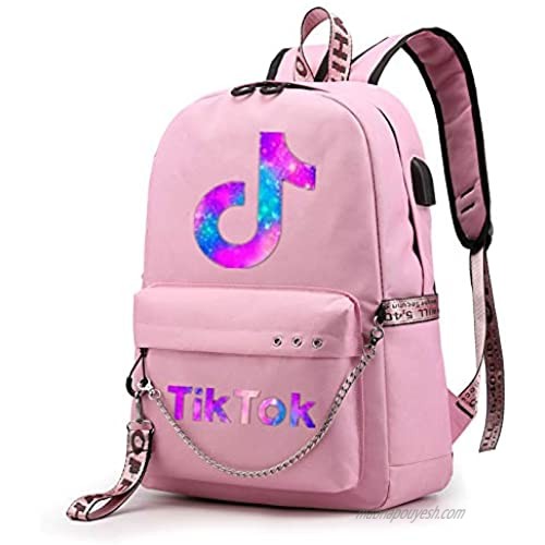 TikTok Backpack Fashion Canvas Backpack for Girls High Capacity School Bakcpacks USB Charging Interface Gift Data Line (Pink)
