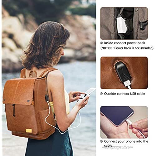 Vegan Leather Backpack for Women Men 15.6 Inches Laptop Bookbag with USB Charging Port Vintage Daypack with Drawstring Closure Brown