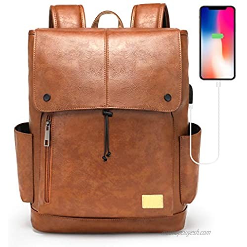 Vegan Leather Backpack for Women Men  15.6 Inches Laptop Bookbag with USB Charging Port  Vintage Daypack with Drawstring Closure  Brown