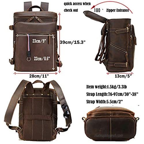 Vintage Genuine Leather Backpack for Men Fits 15.6 Inch Laptop Brown Travel Rucksack College School Book Bag Daypack