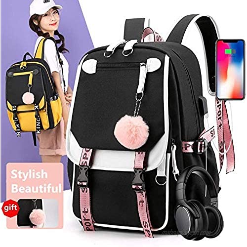 Waterproof and Scratch-Resistant Bookbag 35L Large Capacity Oxford Backpack School Bag with USB Charging and Headphone Port (Black&Pink)