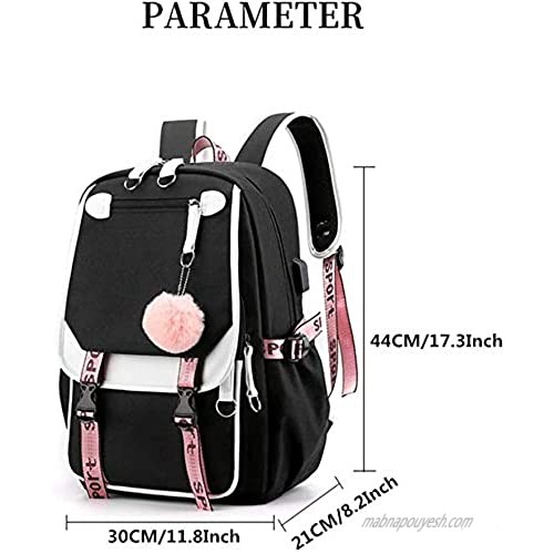 Waterproof and Scratch-Resistant Bookbag 35L Large Capacity Oxford Backpack School Bag with USB Charging and Headphone Port (Black&Pink)