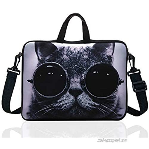 14 Inch Neoprene Laptop Sleeve Case Bag with shoulder strap For 14 Notebook/MacBook/Ultrabook/Chromebook (Grey cat with sunglasses)