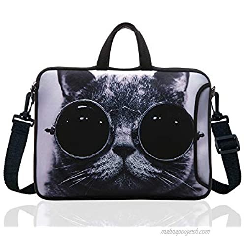 14 Inch Neoprene Laptop Sleeve Case Bag with shoulder strap For 14" Notebook/MacBook/Ultrabook/Chromebook (Grey cat with sunglasses)