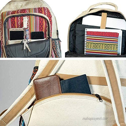 All Natural Pure Himalayan Hemp Multi Pocket Backpack ( THC FREE) with Laptop Sleeve - Fashion Cute Travel School College Shoulder Bag / Bookbags / Daypack