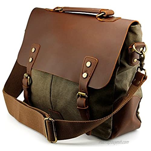 GEARONIC Genuine Leather Canvas Messenger Vintage Satchel Shoulder Bag for School Laptop