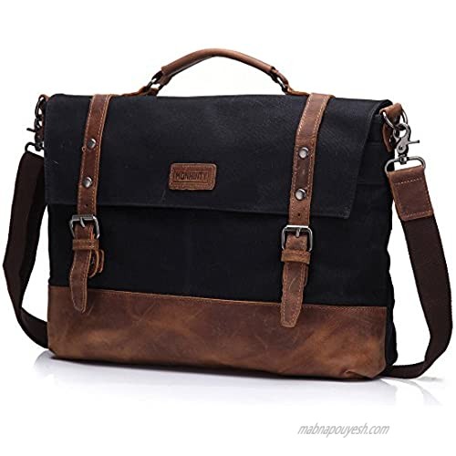 Laptop Messenger Bag 15.6" for Men Waxed Canvas Vintage Leather Business Briefcase Shoulder Bags Waterproof