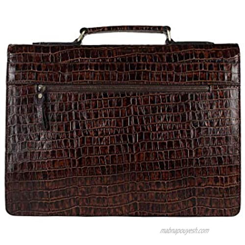 Leather Briefcase for Men Business Laptop Bag Messenger Shoulder Office Bag 16 Inch Handbag Crocodile Print 3 Compartments (Dark Brown-2) SARVAH