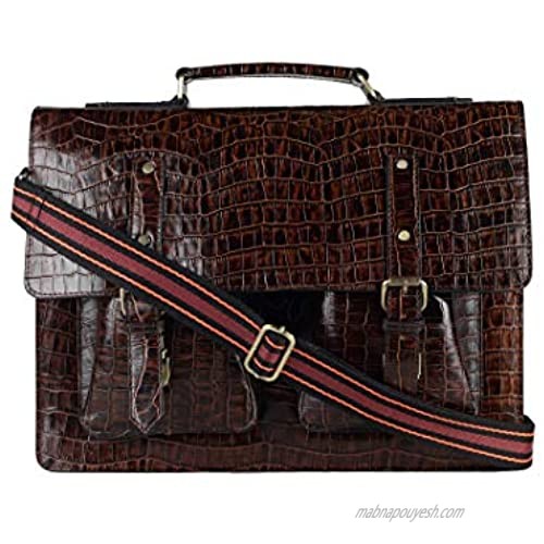 Leather Briefcase for Men Business Laptop Bag Messenger Shoulder Office Bag 16 Inch Handbag Crocodile Print 3 Compartments (Dark Brown-2) SARVAH
