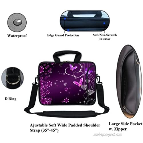 Meffort Inc 11.6 Inch Neoprene Laptop Bag with Extra Side Pocket Soft Carrying Handle & Removable Shoulder Strap for 10 to 11.6 Size Ultrabook Chromebook (Purple Butterfly Heart)