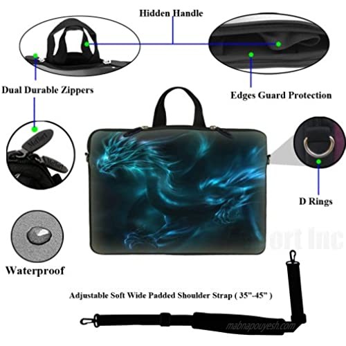 Meffort Inc 15 15.6 inch Neoprene Laptop Sleeve Bag Carrying Case with Hidden Handle and Adjustable Shoulder Strap - Blue Dragon Design