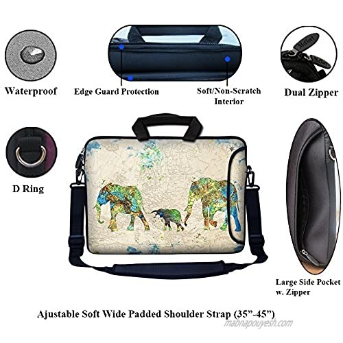 Meffort Inc 17 17.3 inch Neoprene Laptop Bag Sleeve with Extra Side Pocket Soft Carrying Handle & Removable Shoulder Strap for 16 to 17.3 Size Notebook Computer - Family of Elephants