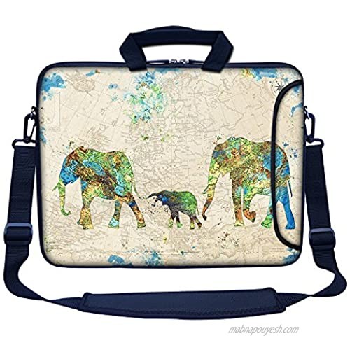 Meffort Inc 17 17.3 inch Neoprene Laptop Bag Sleeve with Extra Side Pocket  Soft Carrying Handle & Removable Shoulder Strap for 16" to 17.3" Size Notebook Computer - Family of Elephants
